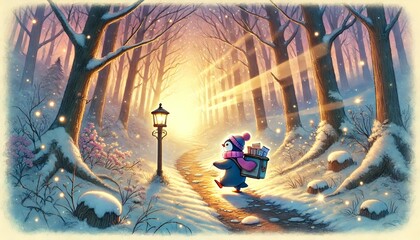 A charming illustration of a penguin mail carrier traveling through a sunlit forest, delivering glowing letters and parcels on a gentle spring day, with remnants of melting snow