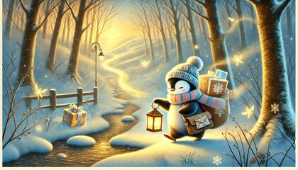 A heartwarming storybook illustration of a small penguin mail carrier traveling through an early spring forest, carrying glowing letters and magical parcels under a soft pastel sky