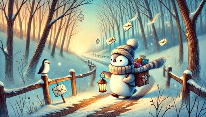 A heartwarming illustration of a tiny penguin mail carrier in a gentle spring forest, delivering glowing letters and magical parcels along a snowy path under a dreamy pastel sky