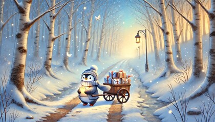 A heartwarming storybook-style illustration of a small penguin mail carrier journeying through a serene spring forest, delivering glowing letters and magical parcels along a melting snow-covered path