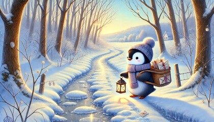 A small penguin postman in a cozy winter outfit carries a glowing lantern and a bag full of letters, traveling along a thawing snow-covered path in a tranquil forest at sunrise