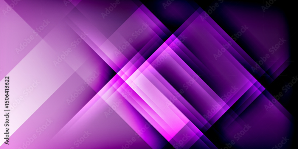 Poster Abstract geometric design. Overlapping rectangles create dynamic light, shadow effects. Purple hues dominate dark background. Modern, vibrant composition.