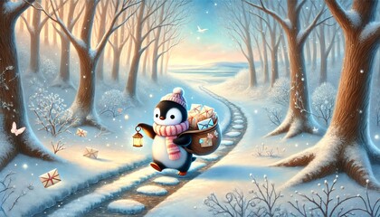 A cheerful penguin mail carrier journeys through a snow-covered forest path at sunrise, carrying glowing letters and gifts in a cozy winter setting