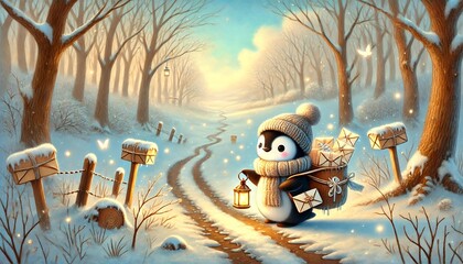 A cozy penguin mail carrier travels through a snowy woodland, delivering glowing letters to snow-covered mailboxes along a winding path