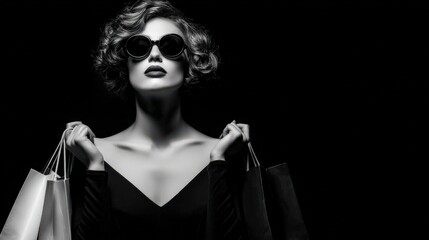 Noir Shopper: A high fashion woman in sunglasses and dress stands against a backdrop, carrying several shopping bags with an air of elegance and confidence. . Ai image