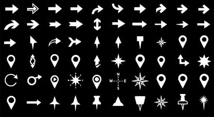 50+ White Arrow Location Compass Icons on Black Background