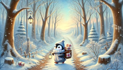 A Cute Penguin Mail Carrier Delivering Gifts Through a Snowy Forest Path at Sunrise, Holding a Lantern and Carrying a Bag Full of Wrapped Presents