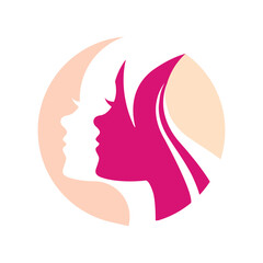 The image shows a flat logo design of abstract woman faces in round shape in calm tones that looks clean and tranquil on a white background for beauty salon logo