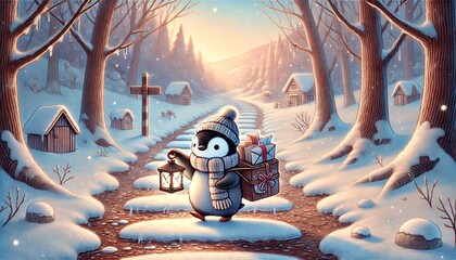 A whimsical illustration of a tiny penguin mail carrier journeying through a melting snow-covered forest under a soft spring sky, delivering glowing letters and parcels to a distant village