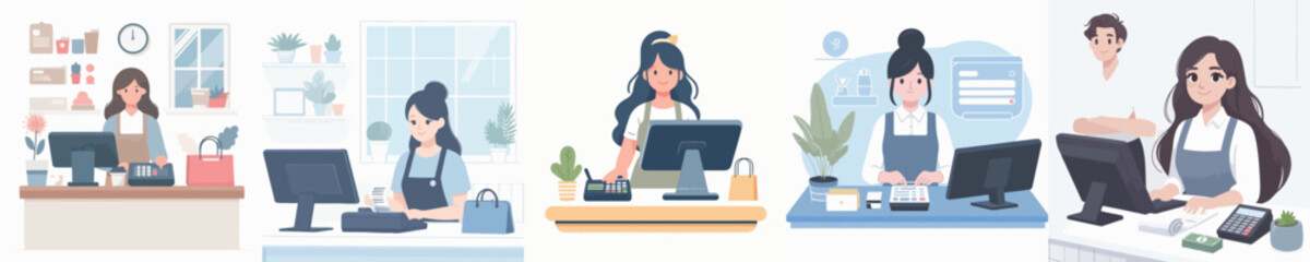 vector character woman working cashier