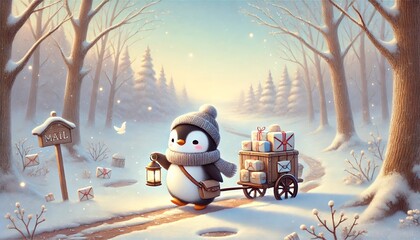 A dreamy illustration of a tiny penguin mail carrier traveling through a quiet, sunlit forest with melting snow, carrying glowing letters and parcels, evoking the transition from winter to spring