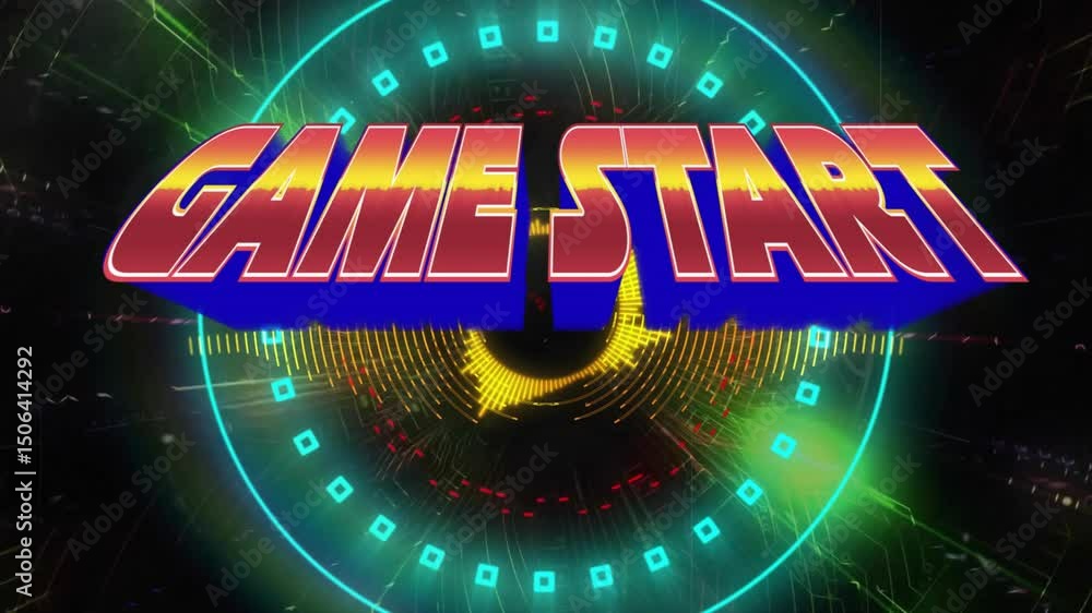 Aufkleber fading in 3d game start text causing neon rings spinning, shifting colors to signal game launch