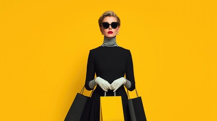 Stylish Shopper's Stroll: A woman of refined elegance, draped in designer apparel and avant-garde shades, confidently strides forward, several chic shopping bags in hand. Ai image