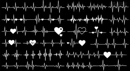 Heartbeat EKG ECG Love Pattern White Heart Black Background