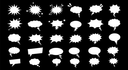 Large Collection of White Comic Speech Bubbles and Starburst Shapes on