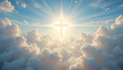 Radiant Christian Cross in the Sky with Light and Clouds