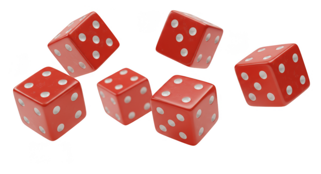 Red Dice Cubes Rolling with White Spots Isolated on a Transparent Background Illustration - Powered by Adobe