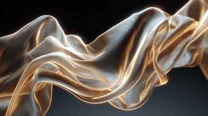 Semi-transparent silk fabric flowing on pure black background with upper left light creating bright highlights and warm golden shadows, showing delicate sheen and elegant smooth curves.
