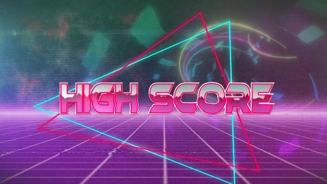 Glitching neon HIGH SCORE logo centering rotating sphere and pulsing grid to evoke arcade nostalgia