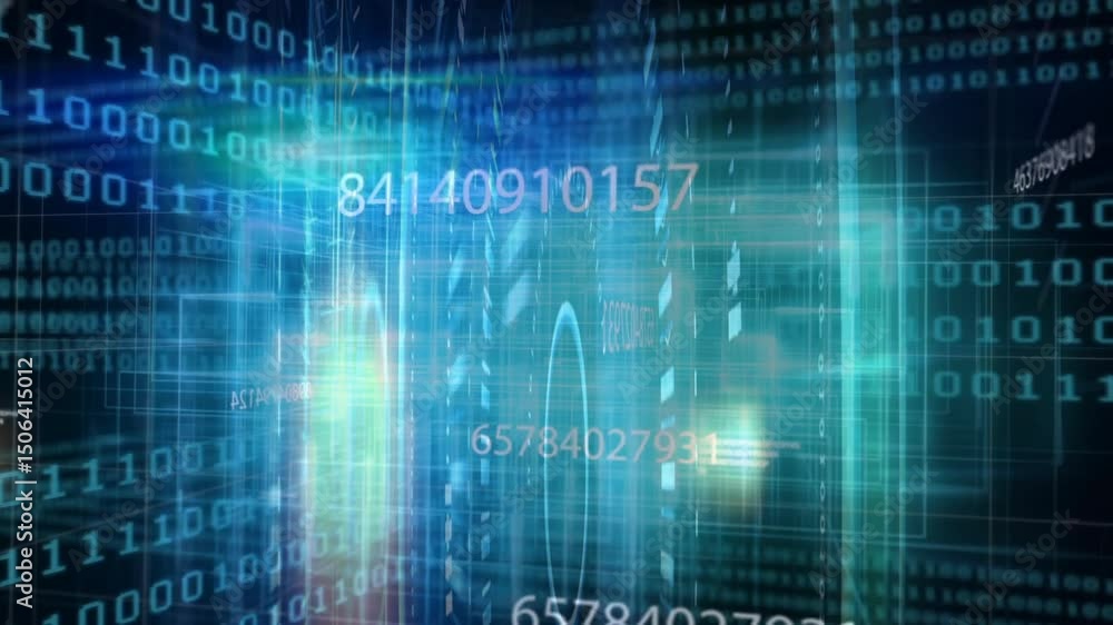 Poster binary code scrolling causing grids emerging, ring pulsing and panels sliding forming data tunnel