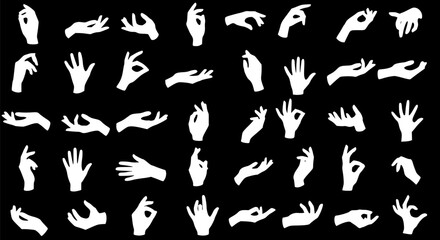 Fototapeta premium Collection of White Hand Silhouettes on Black Background Gestures Pose