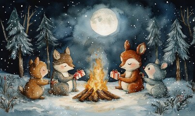 whimsical watercolor of woodland animals sharing gifts around a campfire in a snowy clearing, under a crescent moon, Generative AI