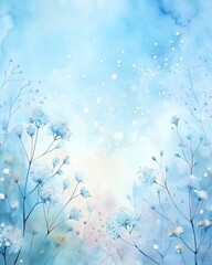 "Pale sky blue watercolor background with baby’s breath flowers in top and bottom corners, delicate and airy wedding theme"
