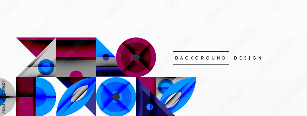 Poster Abstract geometric shapes, blue, purple, silver tones. Modern design elements create dynamic composition. Minimalist style.