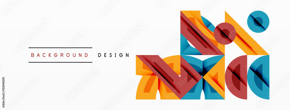 Poster abstract geometric shapes overlap, creating vibrant design. colors include red, orange, blue, teal. 