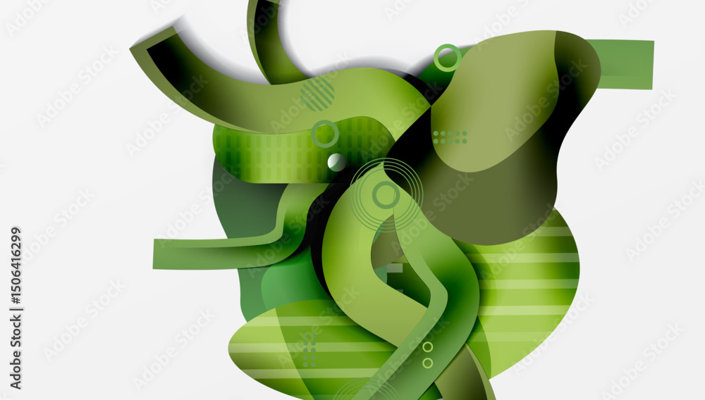Poster Abstract green shapes overlap, creating dynamic composition. Layered forms suggest depth, modern design aesthetic.