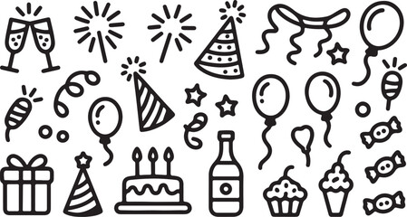 Birthday doodle icon element. Hand drawn sketch doodle birthday cake, balloon, event decoration element. Party, carnival celebration concept background. Vector illustration