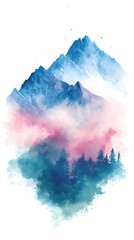 Traditional Chinese watercolor blue pink green mountain illustration poster background