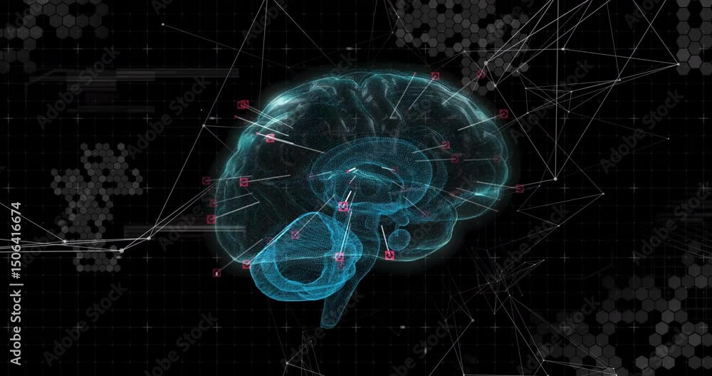 Poster 3d holographic brain appearing left profile rotating clockwise, lighting nodes showing neural scan