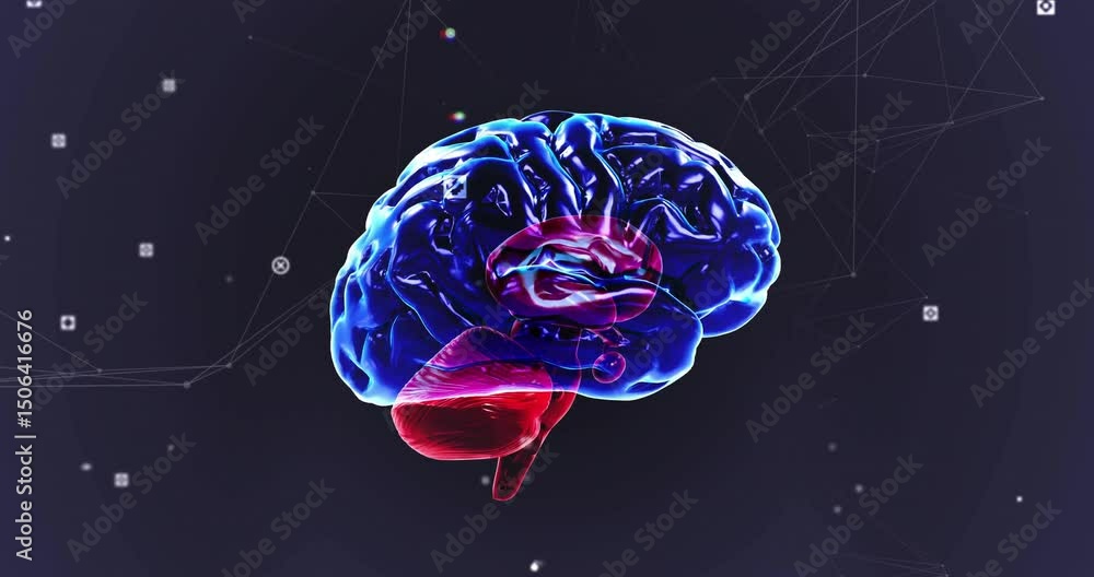 Aufkleber on start, glowing 3d brain model rotating leftward, revealing brain structures for visualization