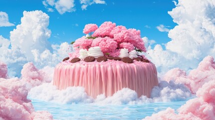 A whimsical surreal scene featuring a floating island made of delectable desserts including chocolate meringue and creamy pastries set against a dreamy cloud filled sky