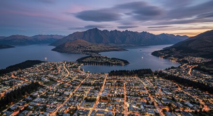 Aerial View of Cityscape and Mountain at Sunset