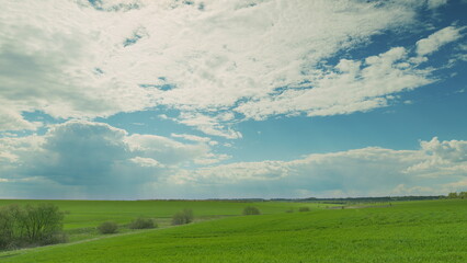 Expansive and beautiful green fields stretch endlessly beneath a vibrant and bright blue sky Time...