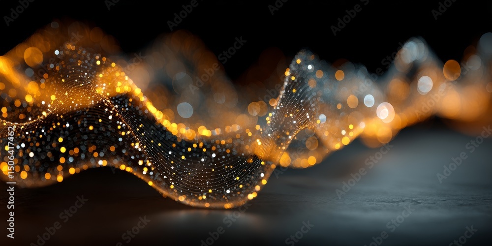 Poster colorful glowing light particles forming an abstract futuristic background with wavy lines and dots,
