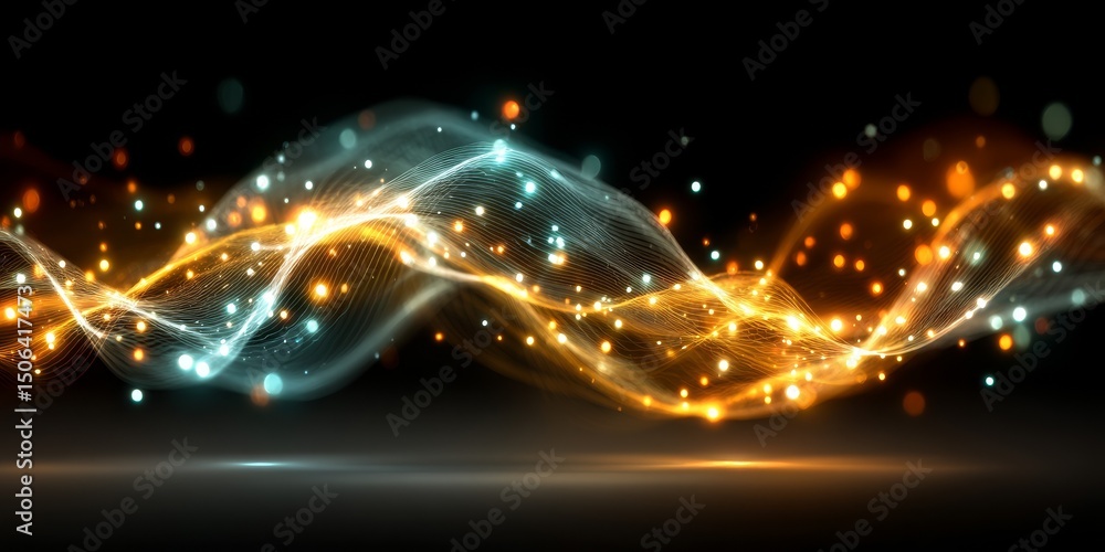 Poster colorful glowing light particles forming an abstract futuristic background with wavy lines and dots,