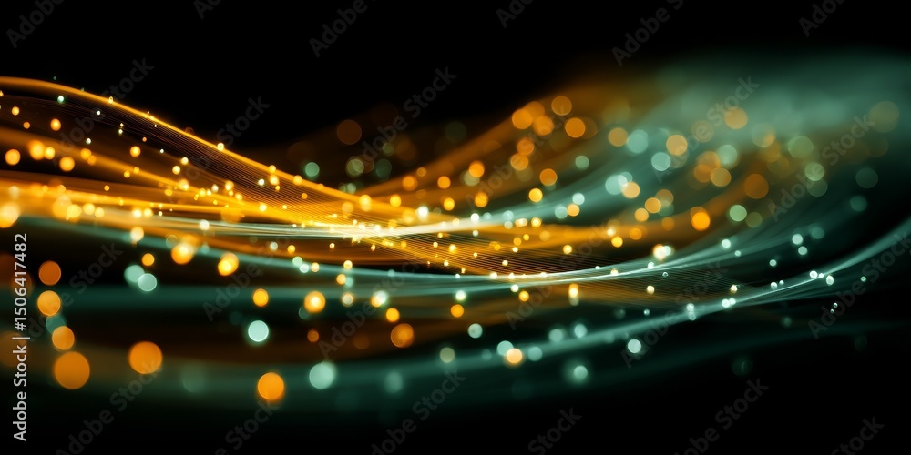 Poster colorful glowing light particles forming an abstract futuristic background with wavy lines and dots,