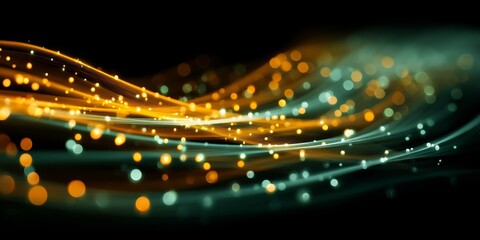 Fototapeta premium Colorful glowing light particles forming an abstract futuristic background with wavy lines and dots, vibrant digital waves and dynamic glowing effects creating a modern technology wallpaper design