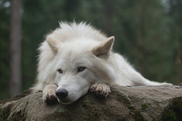 a white wolf laying on a rock in the woods
