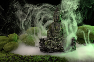 Homemade buddha statue with fake moss and grass surrounded with swirling mist and fog Handmade and...
