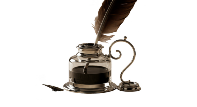 Silver Inkwell With A Feather Pen Isolated On Transparent Background - Powered by Adobe