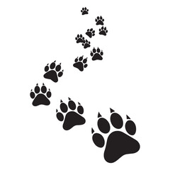Seamless vector illustration of dog paw prints in sand, creating a black animal footprint pattern