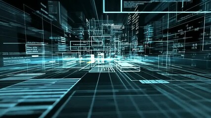 Digital Gridscape A futuristic cityscape rendered in glowing blue lines and intricate data visualizations on a dark grid-like surface - Powered by Adobe