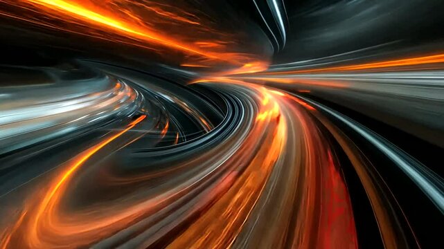 Dynamic, abstract artwork featuring luminous orange lines curving through darker metallic shapes, creating a sense of speed and motion