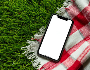 smartphone with blank white screen lies on checkered blanket laid on green grass