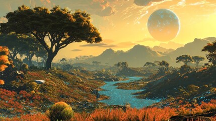 vibrant alien jungle with bioluminescent plants, towering trees, and strange creatures lurking in the shadows, Generative AI