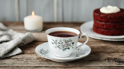 A cup of tea and a small red velvet cake on a rustic wooden table.